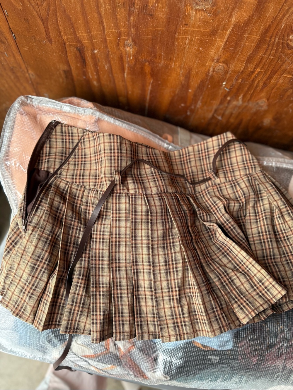 Windsor Plaid Pleated Mini Skirt in Brown and Tan